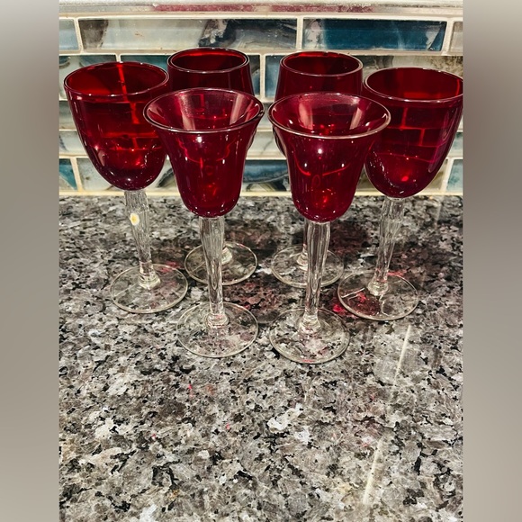 Vintage Ruby Red Cordial Set of 6 Crystal Glass Stems 5" Tall - Picture 3 of 11